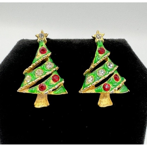 Jewelry - Vintage Gold Tone Green Christmas Tree Post Earrings Red Clear Rhinestones